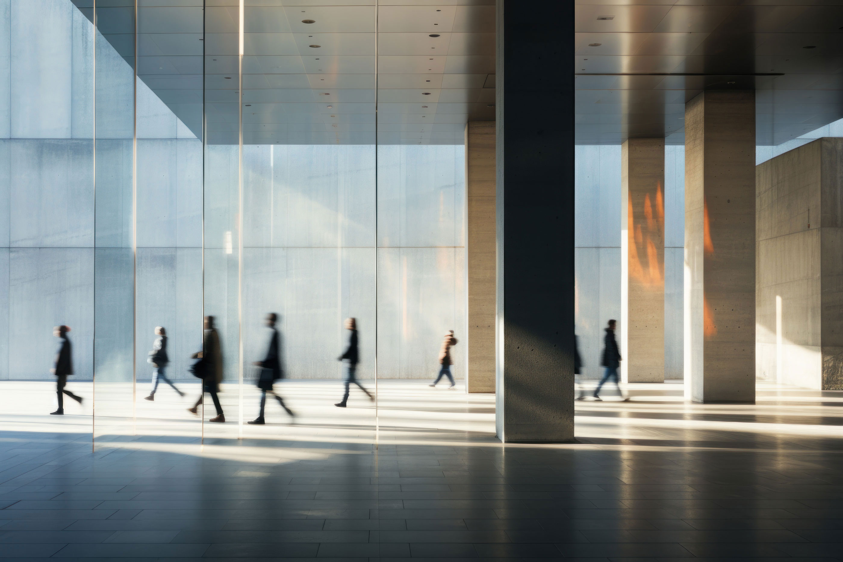 People walking through vast office lobby