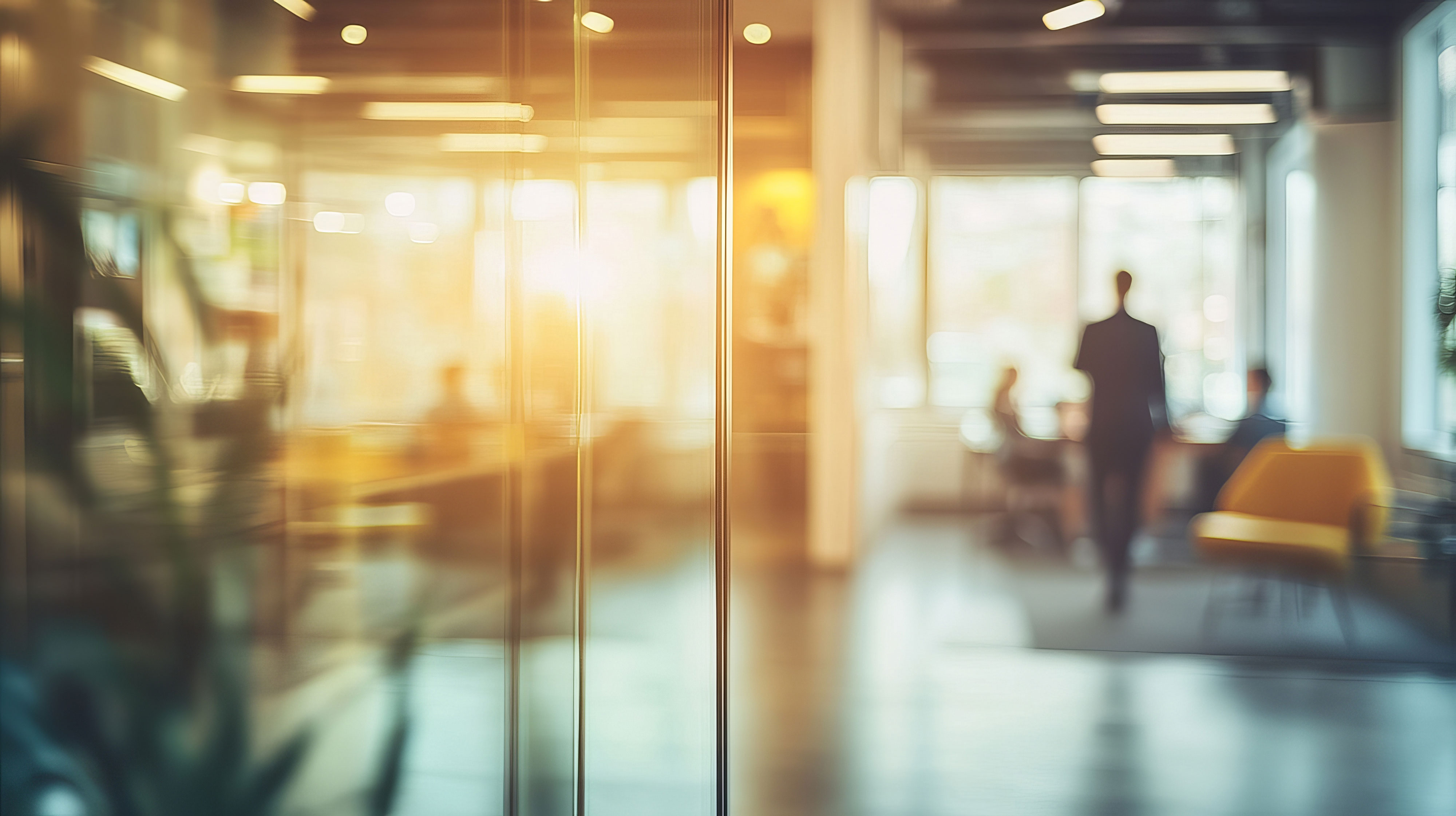 Blurred shot of professionals walking through office space